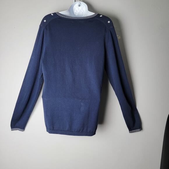 Tommy Hilfiger Navy Polka Dot Sweater Women’s Large 100% Pima Cotton V-Neck - Picture 5 of 9
